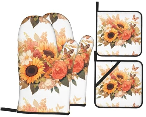 YYHWHJDE Lot de 4 maniques et maniques imprimées tournesol et rose : épais et durable, anti-brûlure et isolant thermique