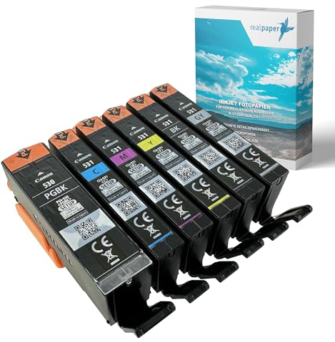 realpaper Bundle 6 Originale Canon Setup Druckerpatronen PGI-530 CLI-531 XL passend für die Drucker Canon PIXMA TS8750 TS8751 +25 Blatt Fotopapier