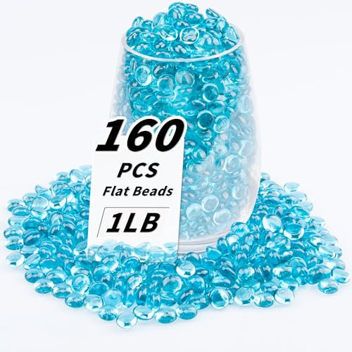 1 LB Sea Blue Flat Glass Beads, 160-180PCS Small Glass Marbles, Mini Flat Round Pebbles for Vase Filler and Floral, Fish Tank Rocks Decorative Gemstones for Home and Aquarium Décor