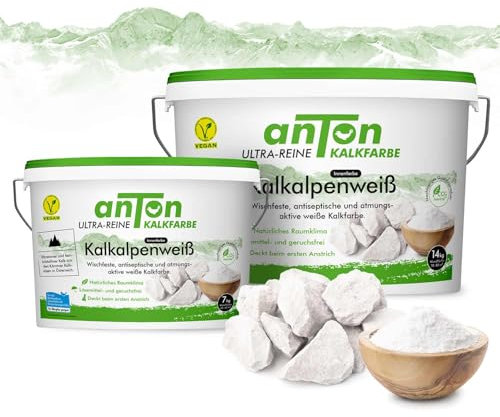 Anton | Wischfeste Kalkfarbe Kreideweiß | Innen | hoch atmungsaktiv, geruchsfrei | Vorbeugend gegen Feuchtigkeit | deckt beim ersten Anstrich | für Allergiker | 50m² | 8,75Kg 25% MEHR INHALT + ROLLER