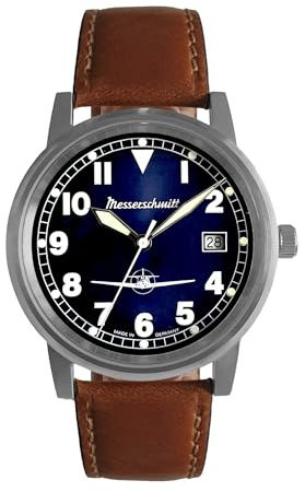 Messerschmitt Herren Uhr ME-9673-108L – Eleganz & Präzision - Kobaltblau lackiertes Zifferblatt in Kombination mit dem satinierten Edelstahlgehäuse– Lederarmband in Braun – Made in Germany