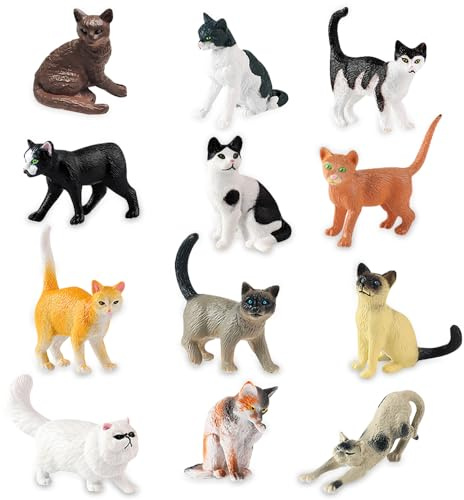 KLYKLL 12 Stück Realistische Mini Katzen Miniatur Figuren Deko Hartplastik Katzenfiguren Spielfiguren Niedliche Katze Spielzeug Kinder für Kuchen Topper Garten Geburtstags