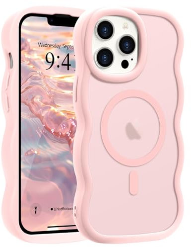 Pepmune Magnetic for iPhone 13 Pro Case [Compatible with Magsafe] Translucent Matte Cute Curly Wave Frame Phone Case,Soft TPU Bumper Slim Fit Shockproof Protective Cover for Men Women-Light Pink