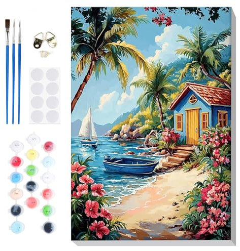 Lxmsja Paysage Peinture Numero Adulte avec Cadre, Peinture par Numero Voir, Peinture Acrylique Plage Numéro d'art avec 3 Pinceaux, Loisirs Créatifs Adultes, Activité Manuelle Adulte, 20x30cm