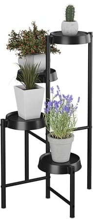 Relaxdays Étagère à Plantes, 4 emplacements, métal et Plastique, H x L x P : 81 x 48 x 49 cm, pour l'intérieur, Noire