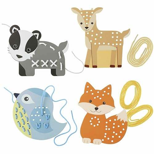 Woodland Animal Wooden Lacing Cards, Educational Sewing Kit for Children, Set of 4