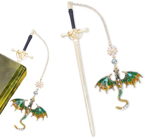 QYJMLH Schwerddrachen Lesezeichen.Lesezeichen Metall, Schwert Bookmark mit Kristall Anhänger, Vintage-Stil, Lesezeichen, Lesegeschenke, Geburtstag-(20.5 * 6 * 7.2CM) (Grün)