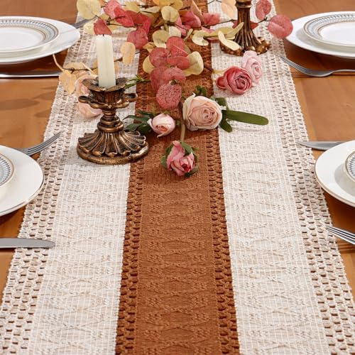 Boho Bauernhaus Makramee Tischläufer Braun Küche Tisch Dekoration 30x240 cm | Dremisland Herbst Landhausstil Waschbar Tischdeko Tisch Läufer Esstisch Dekoration für Party Geburtstag Valentinstag Hochzeit