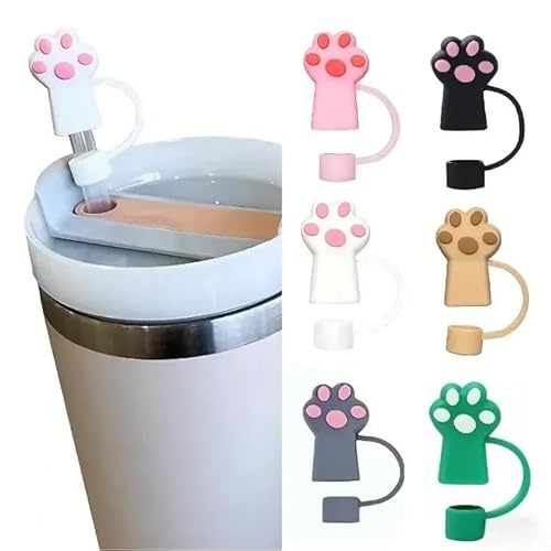 Cute Silicone Straw Caps Toppers - 6pack Reusable Dust-Proof Water Bottles Cat Paw Straw Cover for 10mm Tumbler Compatible with Thermos 30/40oz Tumblers Protectors for Travel Outdoor Use, Girl Gifts