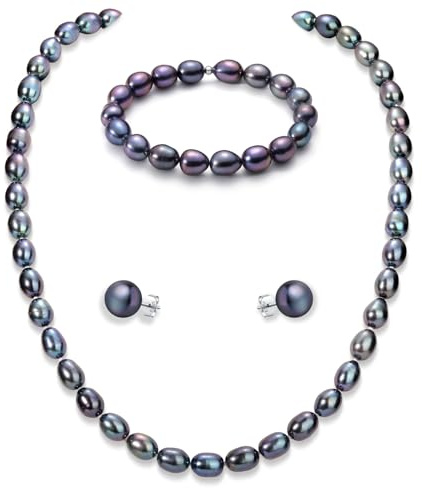 YAMI Perlenkettenset, Schwarz/Weiß/Rosa Lila Perlenschmuckset, Perlenohrringe, Perlenkette Damen, Perlenarmband 6–7 mm, 925er Sterlingsilber, Damenschmuck für Jeden Anlass