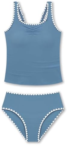 Miyanuby Girls Tankini Swimsuit Padded Bras Girls Swimming Costume Solid Color Tankini Set Kids Bathing Suit Contrast Trim Swimwear for 9-16 Years