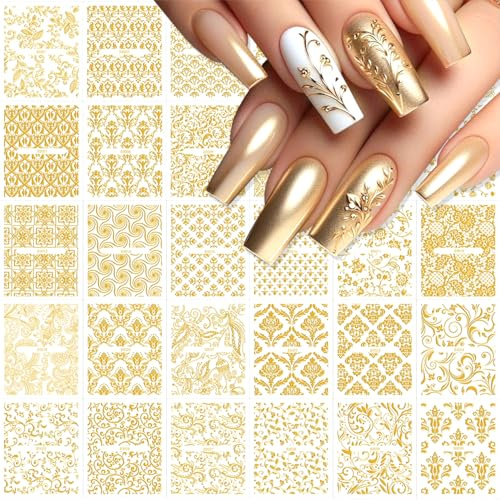 Muorruo 30 Sheets of Lace Nail Stickers for Floral Nail Art, 3D Self-Adhesive Nail Decals, Gold, Hollow Retro Floral Vines Nail Stickers, Design Lace Floral Nail Accessories, Gold