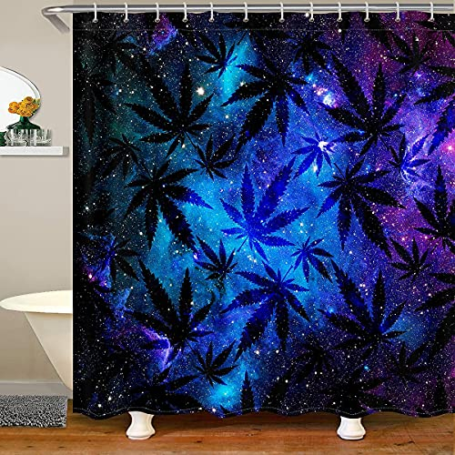Cannabis Galaxis Duschvorhang Marihuana Blätter Duschvorhang Textil Universum Raum Sternenhimmel Badewanne Badvorhang für Kinder Erwachsene Trippy Unkrautblatt Botanisch Duschvorhang 180x180cm