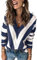 Ancapelion Women’s Colour Block Blue Striped Jumper Long Sleeve Chunky Sweater V Neck Hollow Out Knit Pullover Tops Knitwear for Ladies