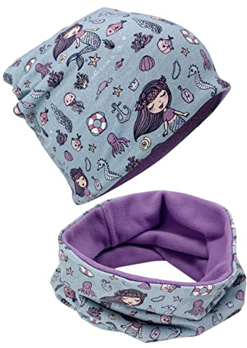 HECKBO Kinder Beanie Wintermütze & Schal Set - Meerjungfrau - 2-6 Jahren - 95% Baumwolle mit Vlies Fleece Mütze - Herbst Frühling Winter