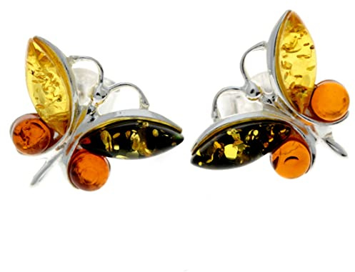 Genuine Multicoloured (Mix) Baltic Amber and 925 Sterling Silver Studs Butterfly Style Earrings - 8494M