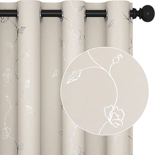 Deconovo Verdunkelung Vorhang Thermogardinen mit Ösen Fenstervorhang Sonnenschutz Ösenvorhang für Schlafzimmmer, 245x140 cm(HöhexBreite), Blumen Hellbeige, 2er Set