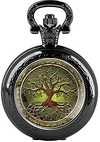 Fashion Tree of Life Glass Cabochon Men's Quartz Pocket Watch, Patch Quartz Watches Pendant Necklace Gift for Men