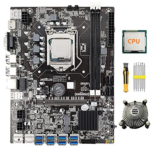 Rfeeuubft 8 tarjetas B75 BTC minería placa madre+CPU+ventilador de enfriamiento+kit de destornilladores 8X USB3.0 (PCIE) ranura GPU LGA1155 DDR3 MSATA ETH