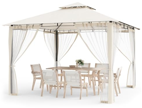 Amopatio Garten Pavillon 2.8x2.8 Wasserdicht Stabil Winterfest, Doppeldach Gartenpavillon mit Moskitonetz, Deluxe Patio Gazebo Wetterfest, Partyzelt Gartenlaube Metall für Pool Seite, Terrasse, Beige