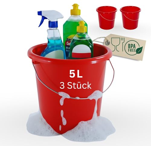 Novaliv 3 Stück Eimer 5L Rot mit Maßeinteilung - Putzeimer 5 Liter ? 22,5 cm Praktischer Allrounder mit Skala für Haushalt & Garten ideal als Haushaltseimer, Wassereimer, Wischeimer, Bucket