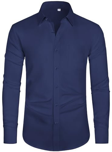 J.VER Men's Long Sleeve Shirts 4-Way Stretch Wrinkle Free Formal Dress Shirt Business Casual Wedding Work Button Down Shirts with Pocket Navy Blue XL