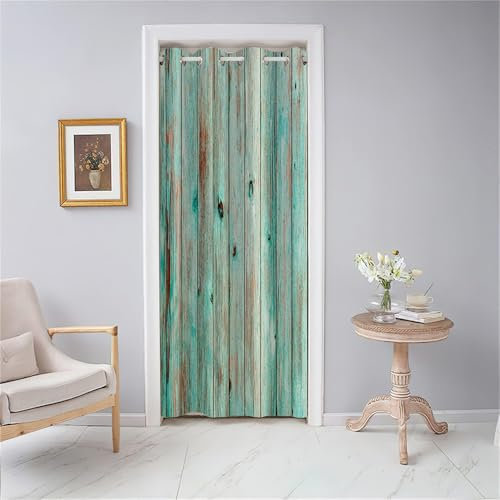 Odot Türvorhang Blickdicht mit Ösen, Verdunklungsvorhänge Vintage-Holzbrettern Druck Vorhang 1 Stück Thermovorhang Wohnzimmer Schlafzimmer Schrank Raumteiler Vorhang (80x180cm,Grün)