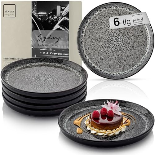 Sänger Sydney | Dessertteller 6 teilig, Steingut Teller Set 6 Personen, Kuchenteller kleine Teller spülmaschinenfest mikrowellenfest multifunktional, Steingut Geschirr dunkel grau | VALUE COLLECTION