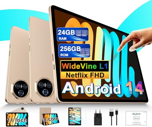2025 Newest Tablet 11 Pulgadas Android 14 Tablets, 24GB RAM+256GB ROM (2TB TF), FHD IPS, Octa-Core, UFS 2.2 Flash, 8000mAh, 5MP+13MP, Dual WiFi, BT 5.0, Widevine L1, Face ID, Con Carcasa MetÃlica-Gold
