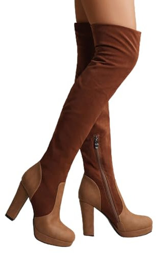 Stivali Tacco,Stivali Donna Invernali Alti Camoscio Stivali Casual Alti al Ginocchio Zeppa con Tacco Scamosciati Invernali Stivaletti Vintage Largo Interna
