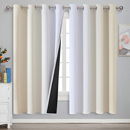 VEHEDE Ombre Hellbeige Weiß Verdunklungsvorhänge Thermovorhang Kälteschutz Gardinen mit Ösen Schlafzimmer, Schallschutz Vorhänge Blickdicht gegen Kälte Wohnzimmer, H 183 x B 132 cm, 2er Set