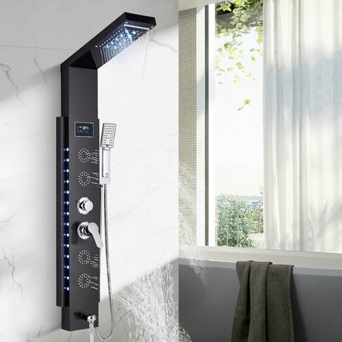 TVTIUO Pannello Doccia a Colonna in Acciaio Inossidabile Nero con Display LED, Sistema Doccia a Torre con 5 Funzioni(Soffione, Doccetta, Getto dal Basso, Idromassaggio Alla Schiena)