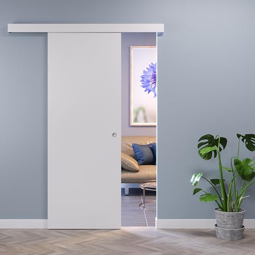 Porte Italiane, Porta Scorrevole Esterno Muro con Mantovana, Senso di Apertura Reversibile, Pronta all'Installazione, 60x210 cm, Bianco