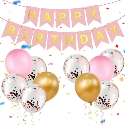 Bighan Striscione di Buon Compleanno, con 10 Palloncini in Pellicola, 2 Nastro, Decorazione di Compleanno Festa, Happy Birthday Decorazione per Uomo Donna Ragazzi Ragazze, Rosa