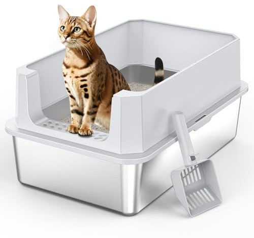 MIXJOY XL Stainless Steel Cat Litter Tray with Lid, 37L Extra Large Metal Box for Big Cats, 58x38x28 cm, Enclosed Litter Box High Sided, Non-Sticky, Include Litter Scoop, Silver