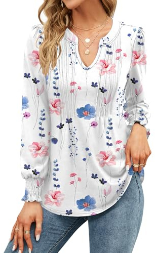 EFFAN Ladies Tops Elegant Gifts for Women Long Sleeve Tops Xmas V Neck Casual T Shirts Long Sleeve Tunic Blouse, Floral White L (UK 16-18)