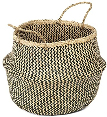 Compactor Belly Korb XL - Handgewebter Seegras Korb mit geometrischem Muster, schwarz, 45x45x36 cm