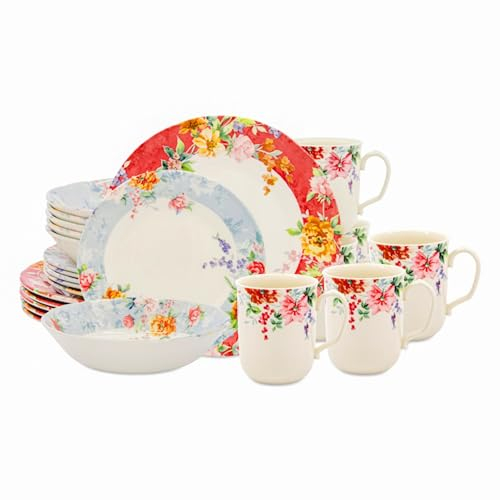 Tudor Royal - Servizio da tavola rotondo in porcellana, 24 pezzi, design cremisi, motivo floreale estivo, piatti, ciotole, tazze, piatti, piatti, lucidi, qualità premium