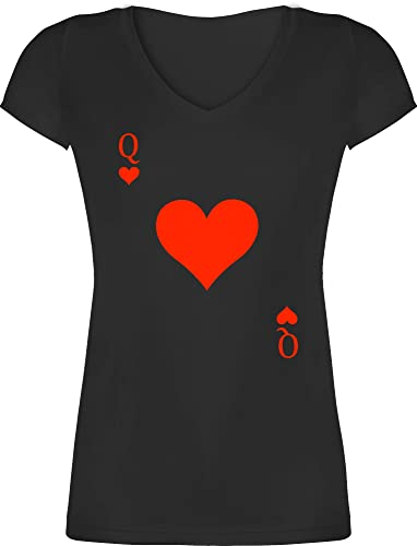 T-Shirt Damen V Ausschnitt - & Fasching - Queen Kartenspiel Karneval I Spielkarte Dame Rot Herzdame - XXL - Schwarz - faschingsshirt karnevalsshirts Faschings q Shirts pärchen Oberteile