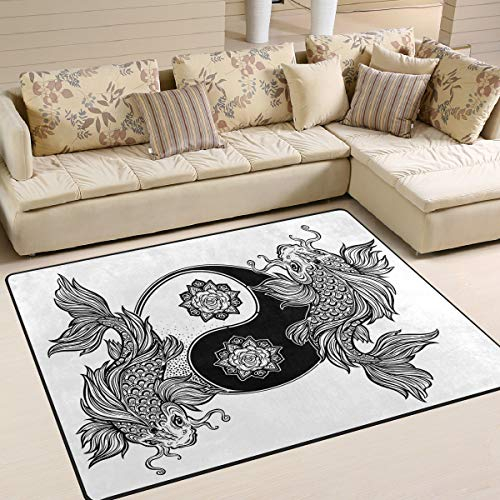 Use7 Asiatischer Teppich mit Koi-Karpfen und Fischen, Yin Yang Seerose, für Wohnzimmer, Schlafzimmer, 160 cm x 122 cm