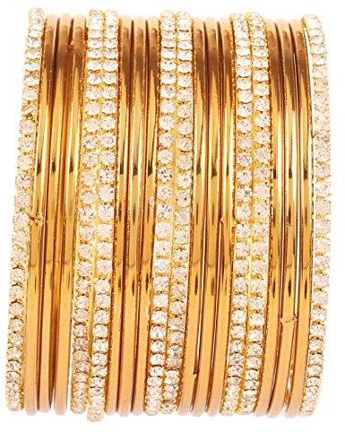 Touchstone „Golden Armreif-Kollektion“, indische Bollywood-Armreifen, traditionell, gelber Strassstein, einfarbig, Goldener Designer-Schmuck, Armbänder, 20er-Set. In antikem Goldton für Damen.