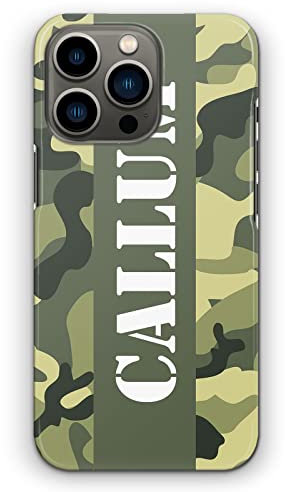Personalised Initials Hard Phone Case For Apple iPhones, 16, 15, 14,13, 12, 11, Pro Max, Mini, XR, SE Green Army Camouflage Print with Stripe, Custom Name/White Capital Text, Camo Phone Cover