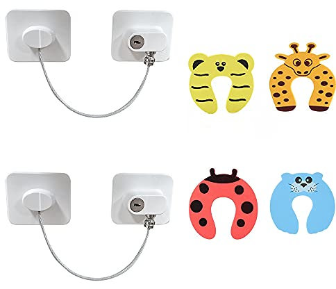 2 Stücke Fenster Tür Restrictor, Kindersicherung Fenster Sicherheit, Kindersicherung für Kühlschrank, mit Schlüssel und 4 Stücke Türstopper, für Kühlschränke, Schränke, Waschmaschine (Weiß)