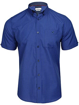 Xact Men's Gingham Check Shirt with Button-Down Collar - Short Sleeved (Electric/Navy) L