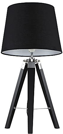MiniSun | Modern Black Wood and Silver Chrome Table Lamp with a Black Tapered Light Shade | Table Lamps, Home Décor & Improvement Essential | Includes 6W LED Bulb [3000K Warm White]