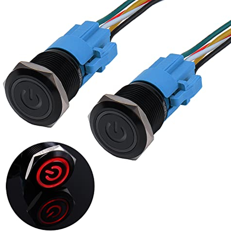 JIQI 2× 19mm Momentane wasserdichte Druckschalter 12V bis 24V 3A EIN/AUS Taste Schalter mit LED Beleuchtung Schwarzes Metallgehäuse vorverdrahte Momentary Drucktaster für KFZ DIY Auto Motorrad(Rot)