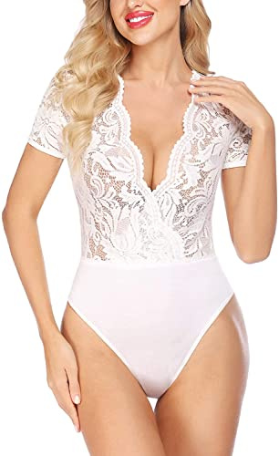 Avidlove Body da donna a maniche corte in pizzo Body sexy con scollo a V e chiusura a scatto sul cavallo S-XXL