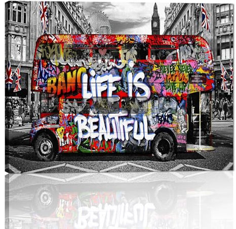 Banksy Street Art Wandbild, bunt, Graffiti-Bus, Leinwand-Kunst, Life is Beautiful, Pop-Art, modern, gerahmt, Leinwand, Wanddekoration für Zimmer, Wohnzimmer, Schlafzimmer, Wände, einfach
