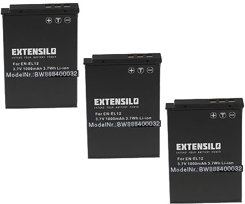 EXTENSILO 3X Batteries Remplacement pour Nikon EN-EL12 pour Appareil Photo, Reflex numérique (1000mAh, 3,7V, Li-ION)