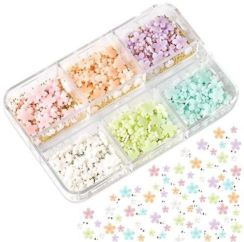 KINBOM 1000pcs Colorful 3D Nail Flowers with Beads, 3D Acrylic Flower Nail Art Charms Silver Gold Nail Beads Flat Back Nails Decoration Accessories for DIY Nail Design Jewelry Making (6 Colors)